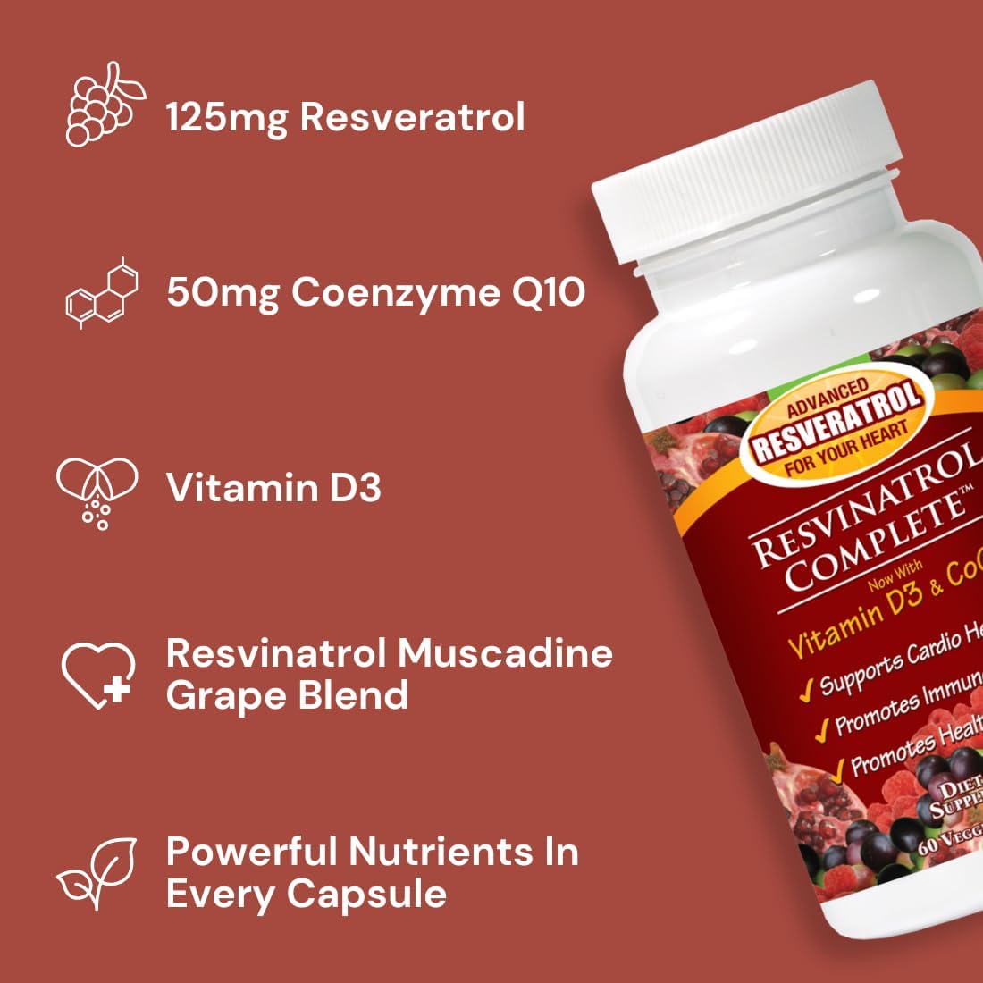 60 Count Resvinatrol Complete Capsules - Resveratrol Supplement for Healthy Aging, Heart Health, Immune Function - Quercetin, Grape Seed Extract, Vitamin D3, CoQ10