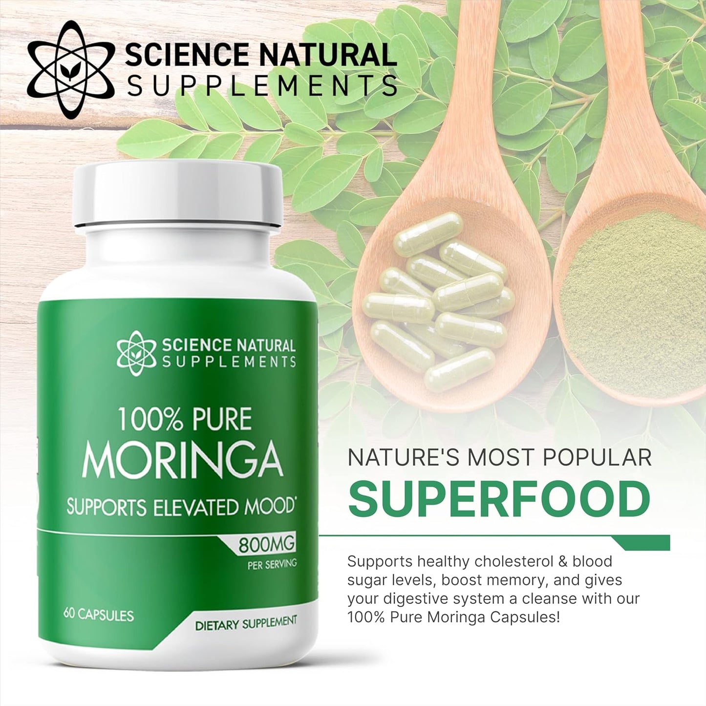 60 Count Science Natural Supplements Moringa Capsules with Essential Vitamins and Antioxidants for Brain Support