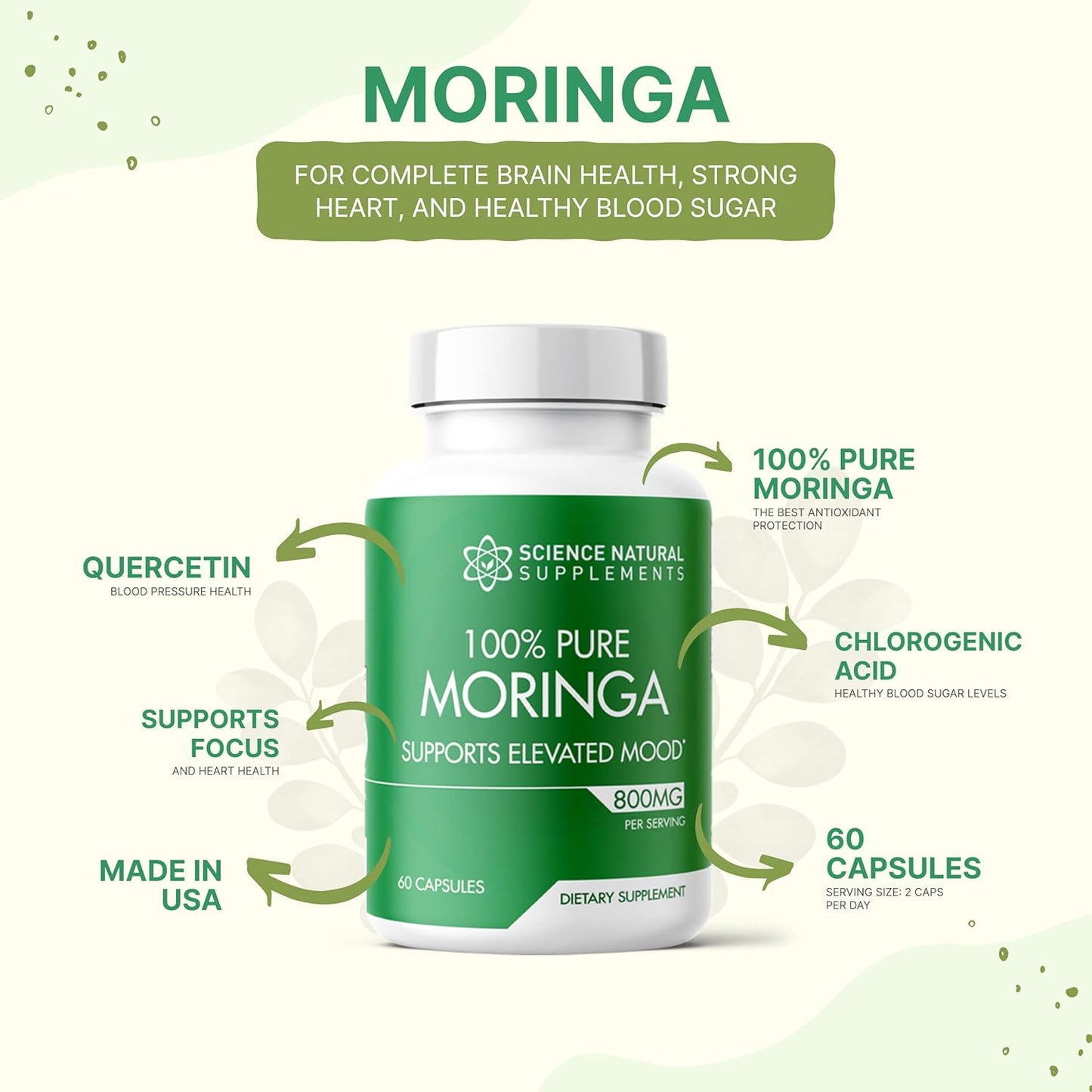 60 Count Science Natural Supplements Moringa Capsules with Essential Vitamins and Antioxidants for Brain Support