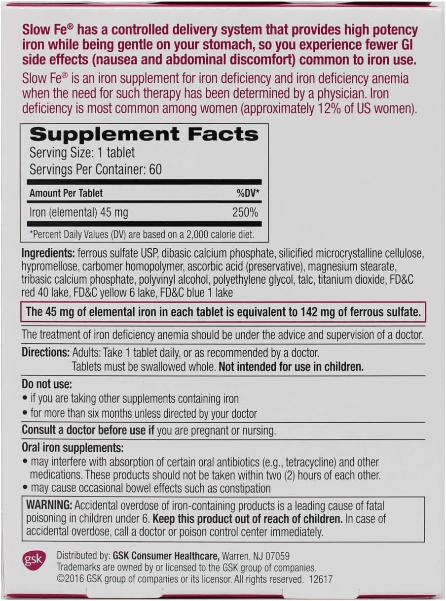 60 Count Slow Fe Slow Release Iron Tablets - Iron Supplement for Energy and Anemia Support