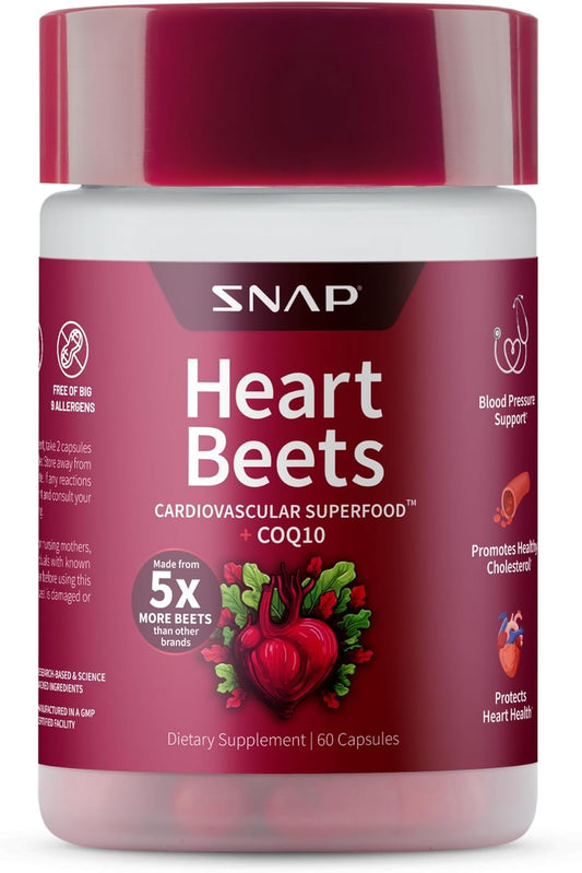 60 Count Snap Supplements Heart Beets Capsules - Nitric Oxide Booster for Heart Health and Circulation