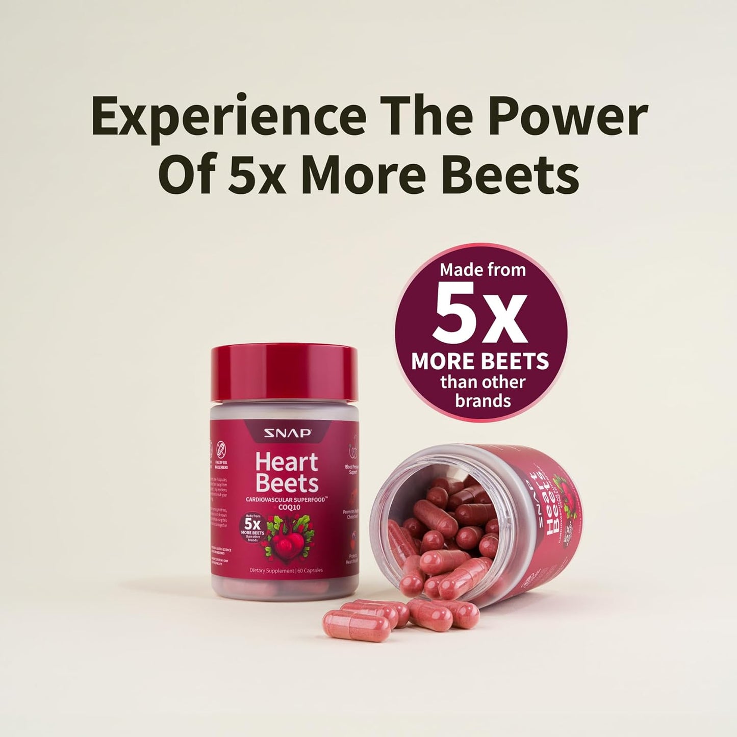 60 Count Snap Supplements Heart Beets Capsules - Nitric Oxide Booster for Heart Health and Circulation