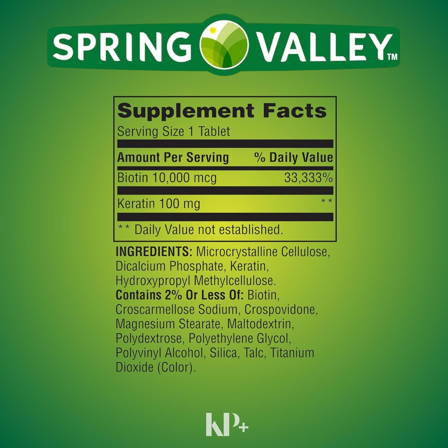 60 Count Spring Valley Biotin Tablets with Keratin, Biotin 10000 mcg Dietary Supplement + KP+Sticker