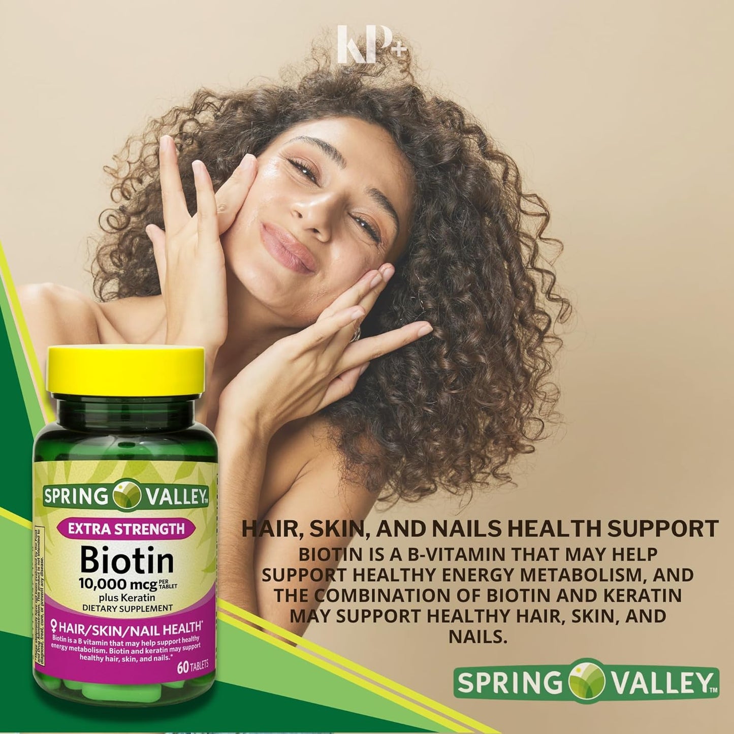 60 Count Spring Valley Biotin Tablets with Keratin, Biotin 10000 mcg Dietary Supplement + KP+Sticker
