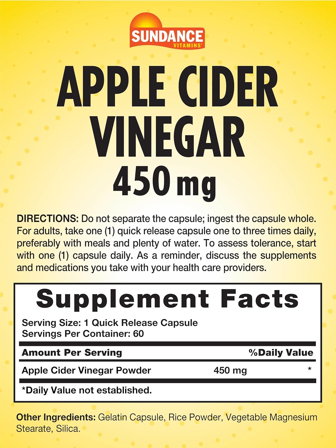 60 Count Sundance Apple Cider Vinegar Capsules - Non-GMO & Gluten Free Supplement