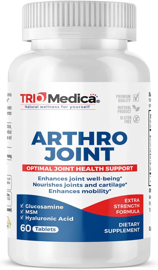 60 Count TRIOMEDICA Arthro Joint Glucosamine MSM Hyaluronic Acid Tablets for Healthy Joints, Non-GMO & Gluten Free