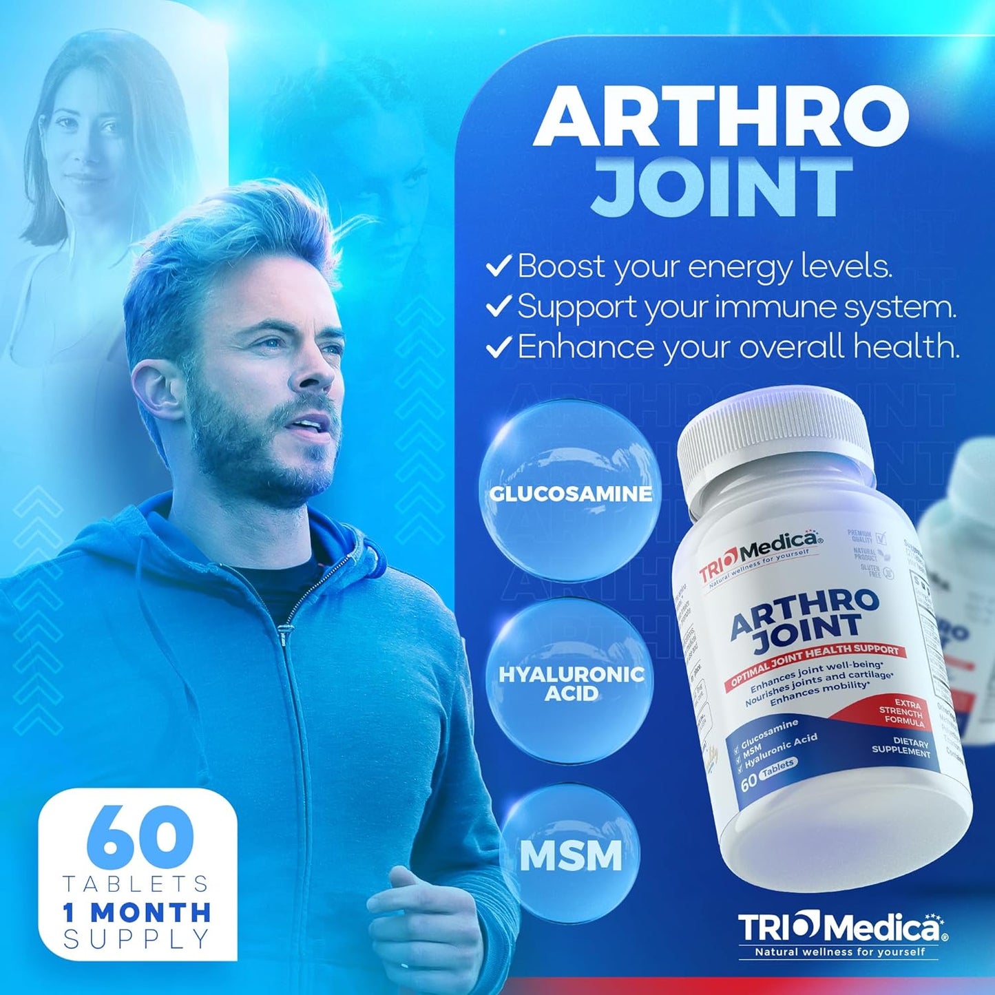 60 Count TRIOMEDICA Arthro Joint Glucosamine MSM Hyaluronic Acid Tablets for Healthy Joints, Non-GMO & Gluten Free