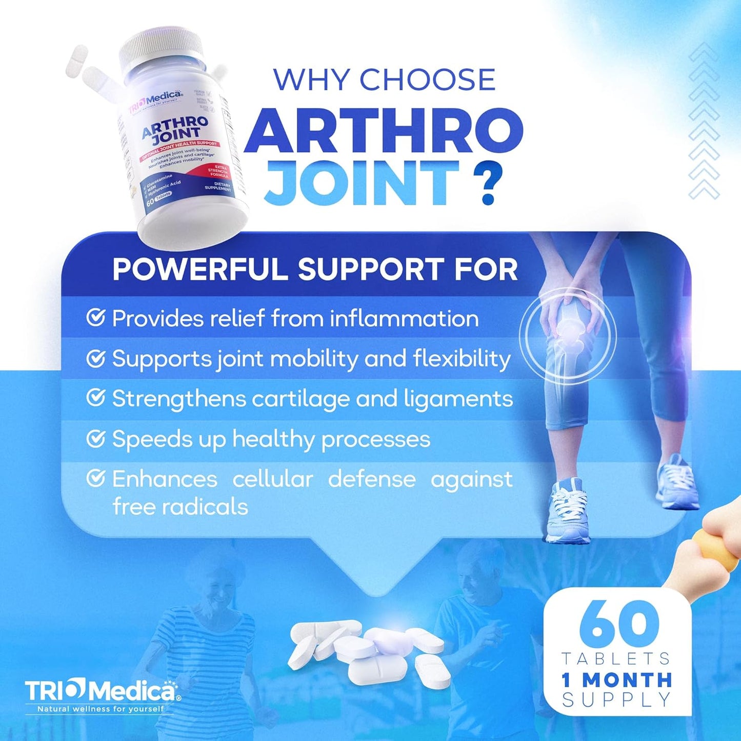 60 Count TRIOMEDICA Arthro Joint Glucosamine MSM Hyaluronic Acid Tablets for Healthy Joints, Non-GMO & Gluten Free
