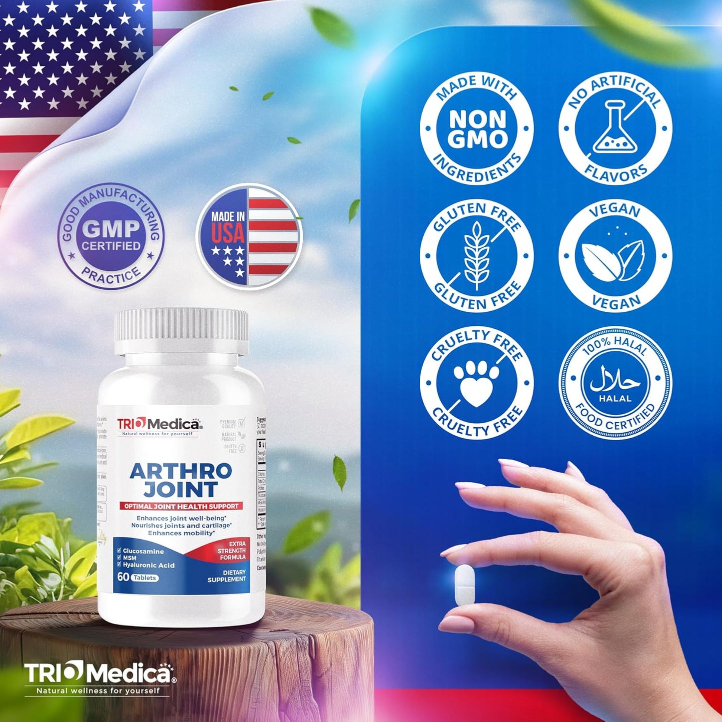 60 Count TRIOMEDICA Arthro Joint Glucosamine MSM Hyaluronic Acid Tablets for Healthy Joints, Non-GMO & Gluten Free
