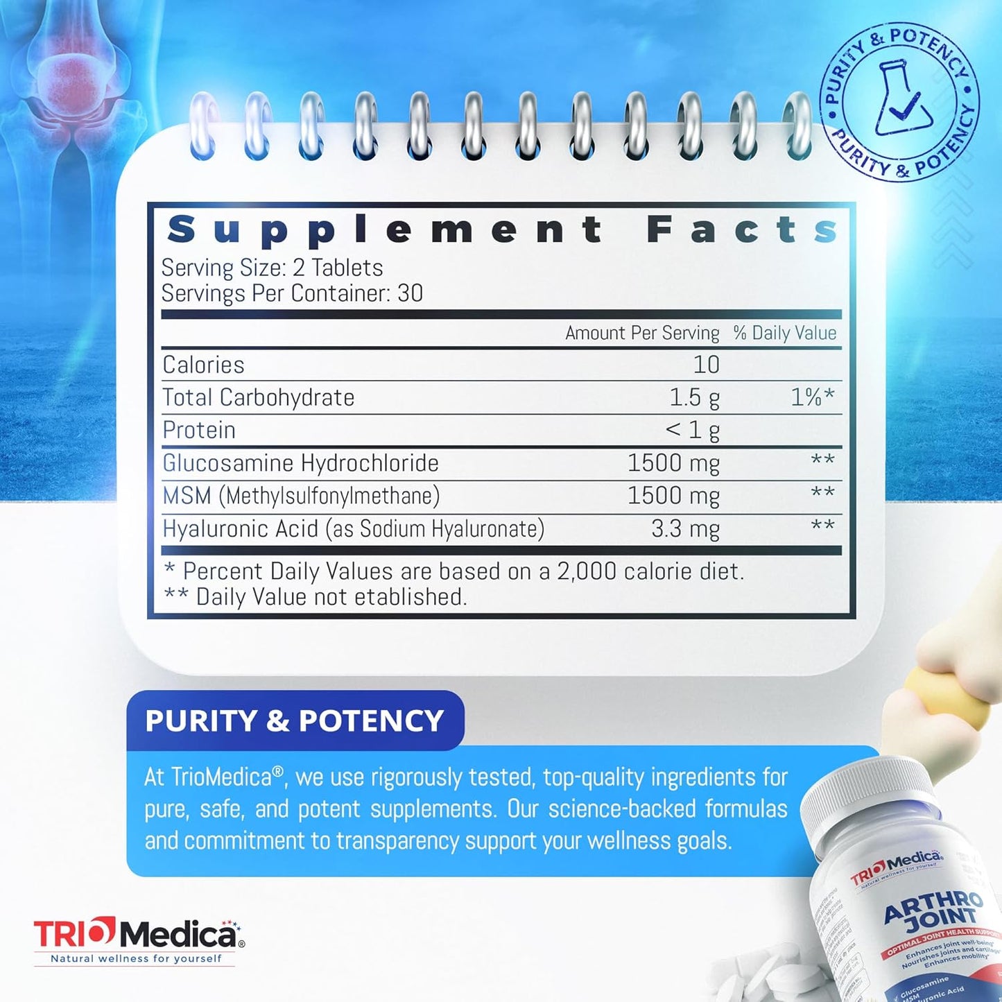 60 Count TRIOMEDICA Arthro Joint Glucosamine MSM Hyaluronic Acid Tablets for Healthy Joints, Non-GMO & Gluten Free