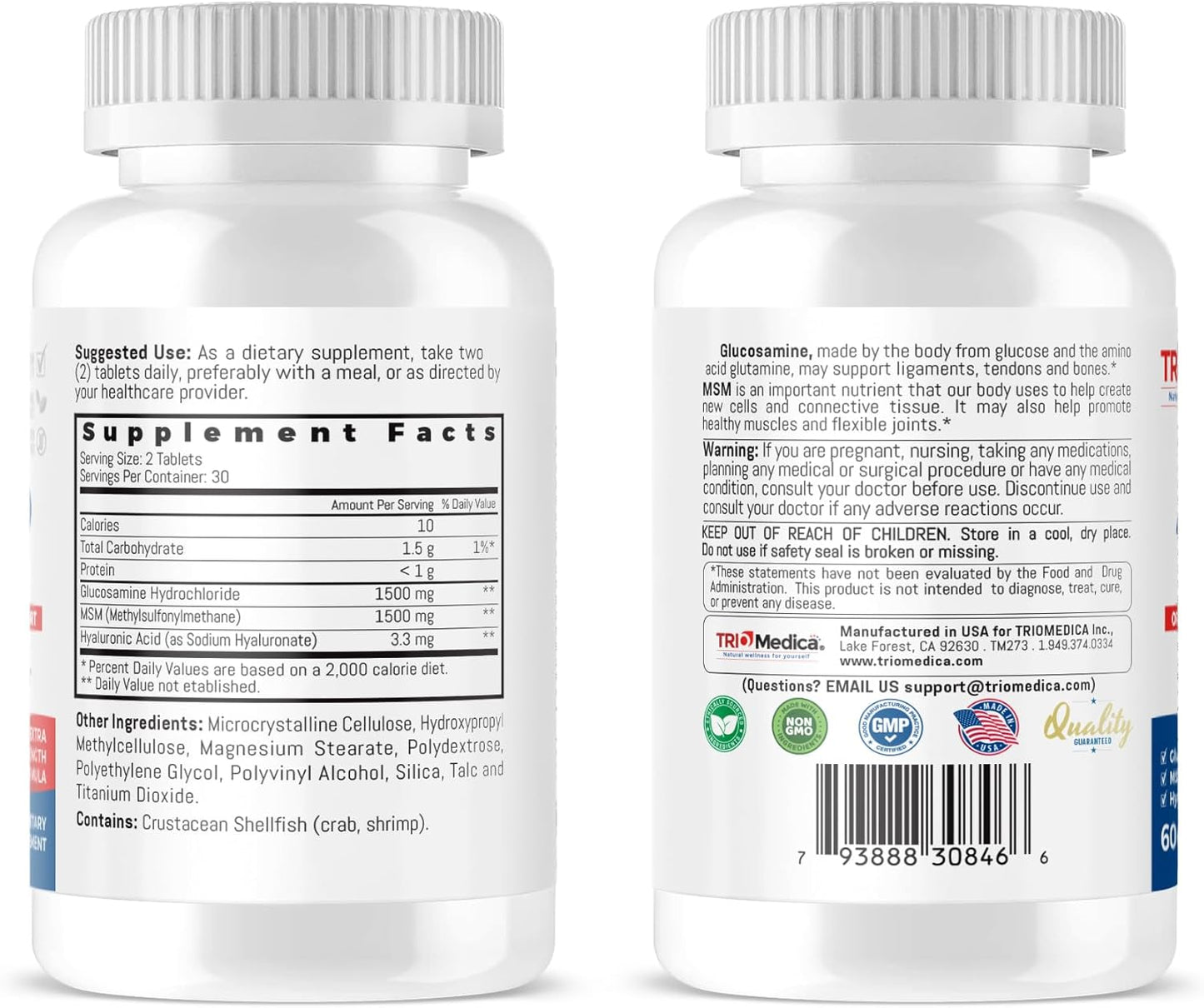 60 Count TRIOMEDICA Arthro Joint Glucosamine MSM Hyaluronic Acid Tablets for Healthy Joints, Non-GMO & Gluten Free