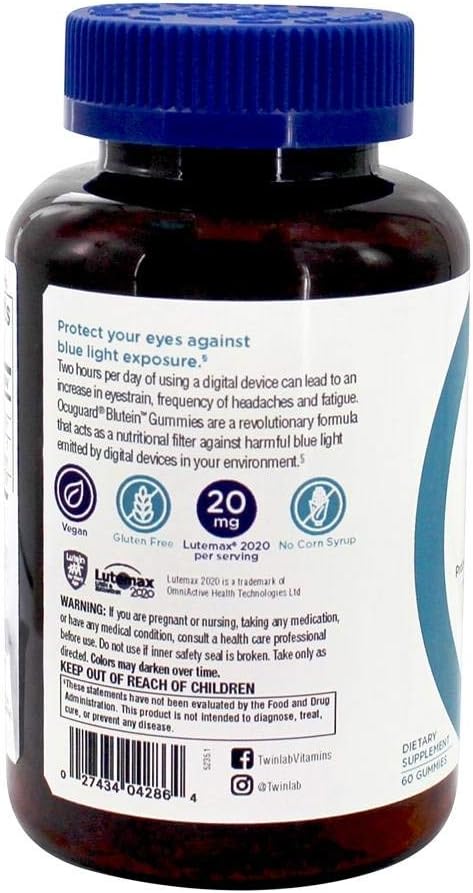 60 Count Twinlab Lutein Ocuguard Blutein Adult Gummies with Zeaxanthin & Lutein for Blue Light Protection