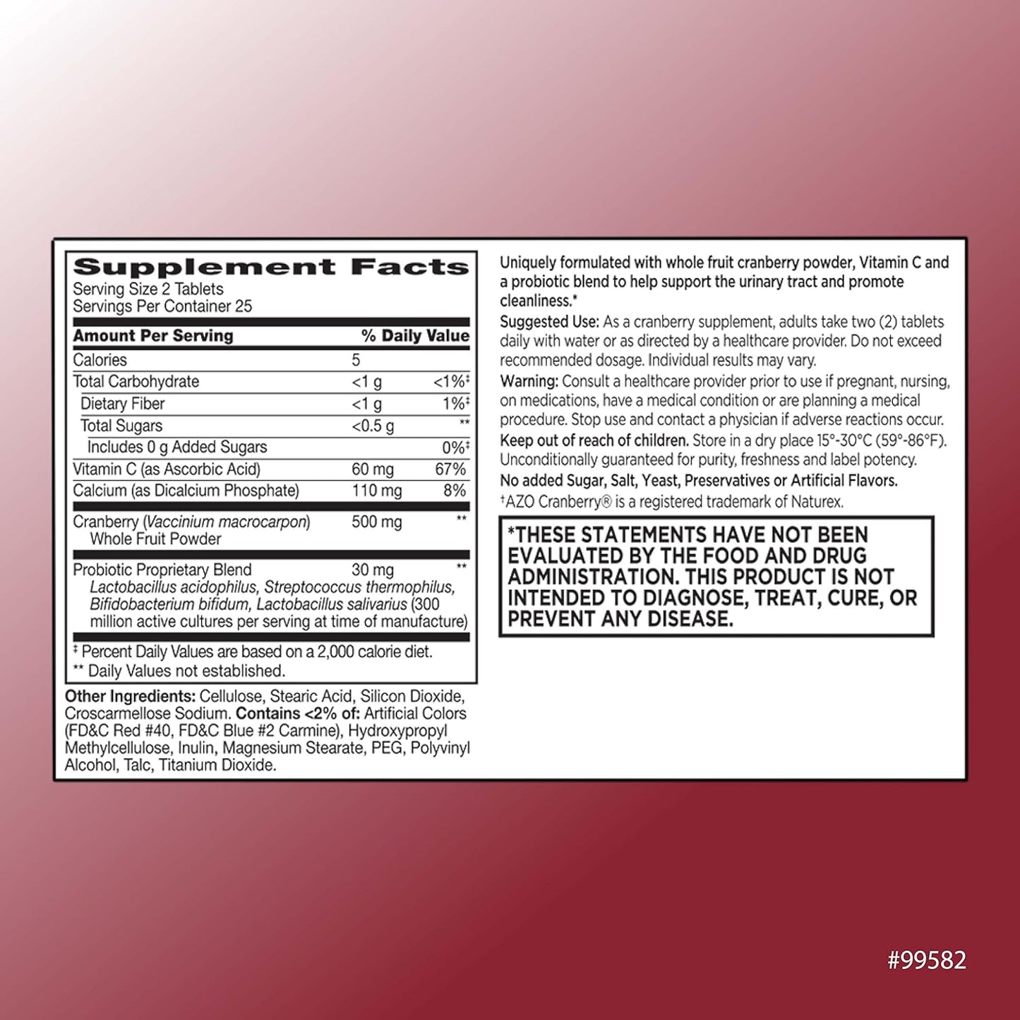 60 Count Urinary Tract Support Cranberry + Probiotic Tablets - Enhanced with Vitamins - High-Quality Formula