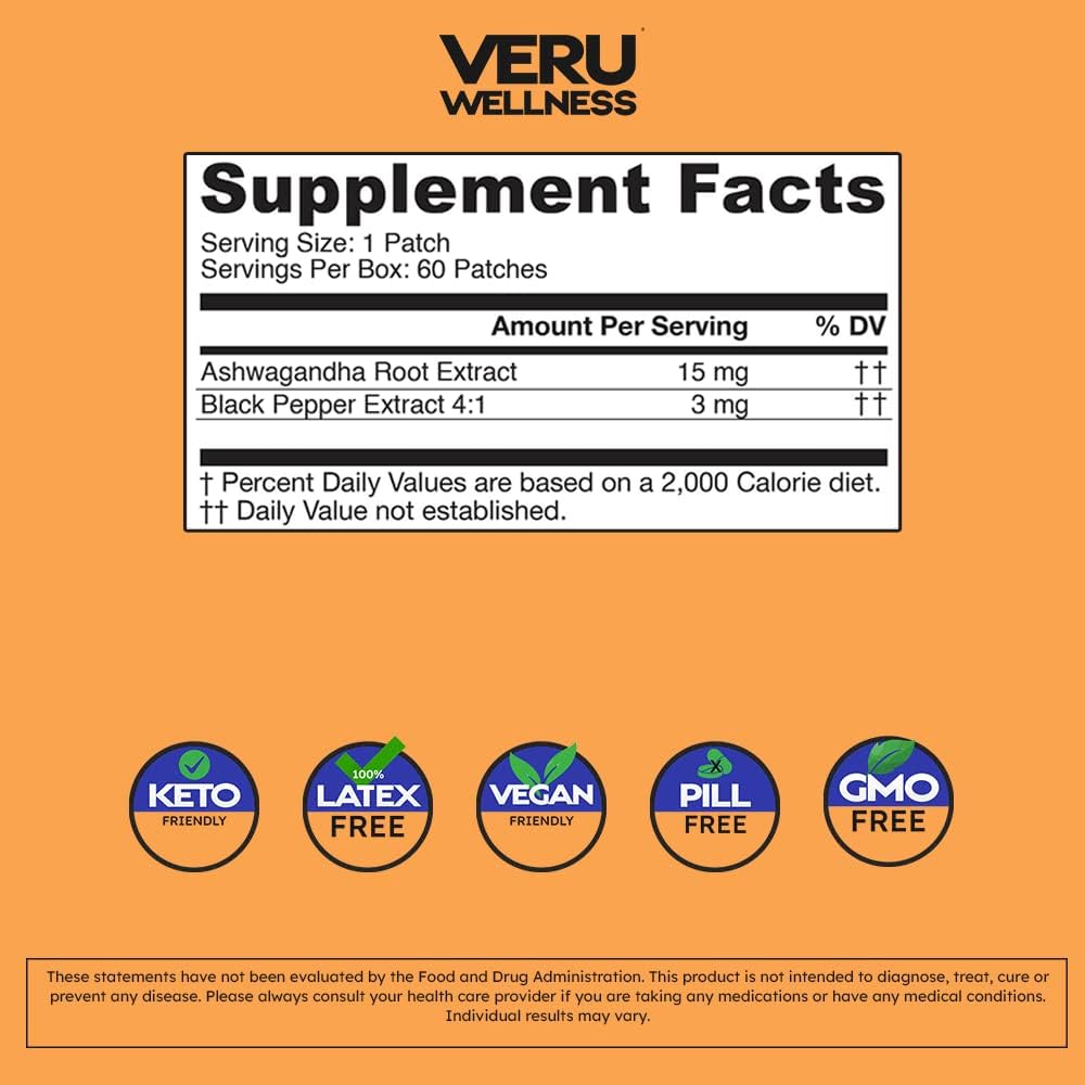 60-Count Veru Wellness Ashwagandha Patch for Stress Relief, Energy, Focus, and Natural Mood Support