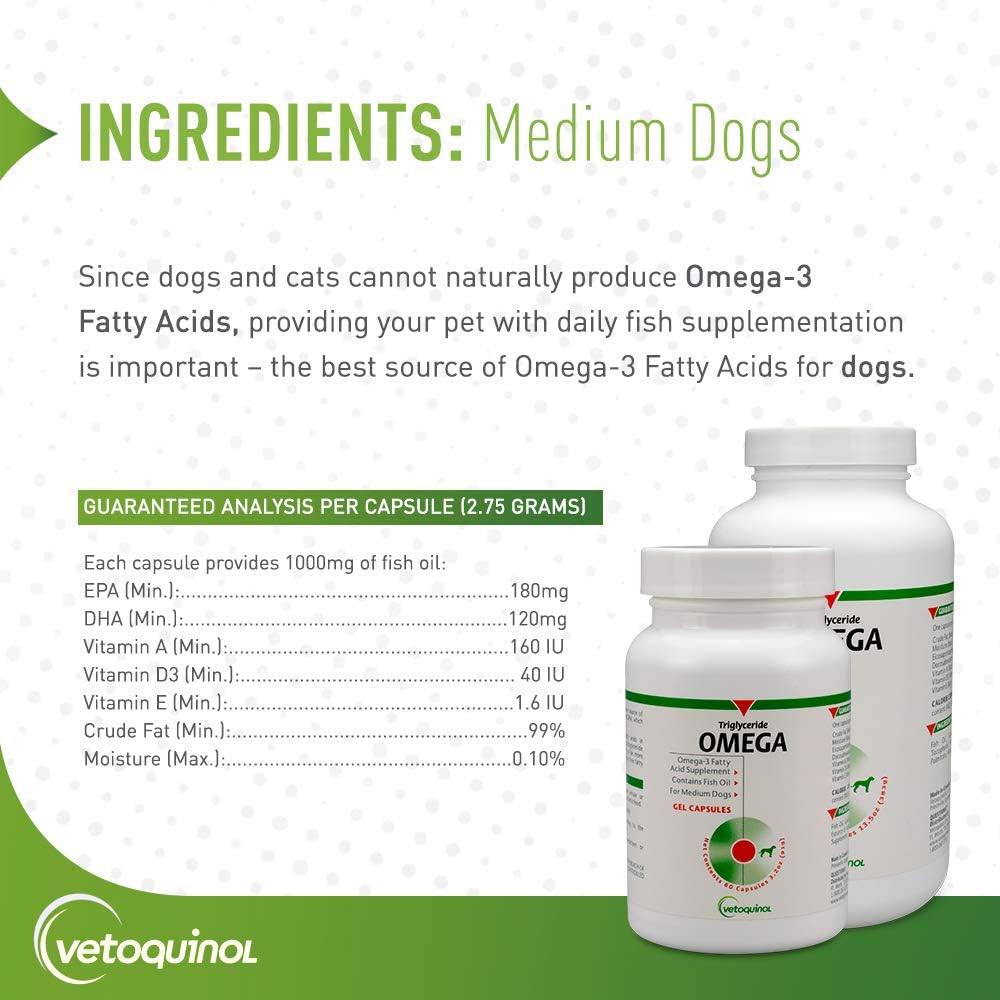 60 Count Vetoquinol Omega Triglyceride Capsules for Medium Dogs (40-79 lbs)