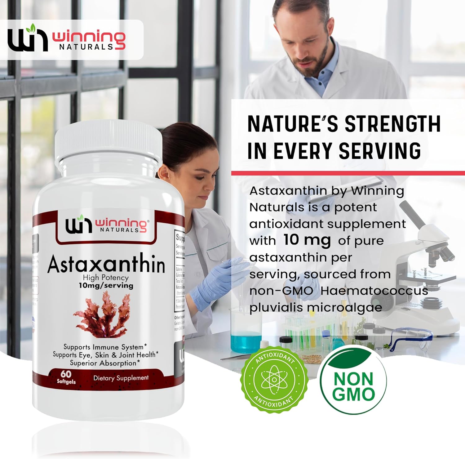 60 Count Winning Naturals Astaxanthin 10 mg Softgels - Powerful Antioxidant Supplement