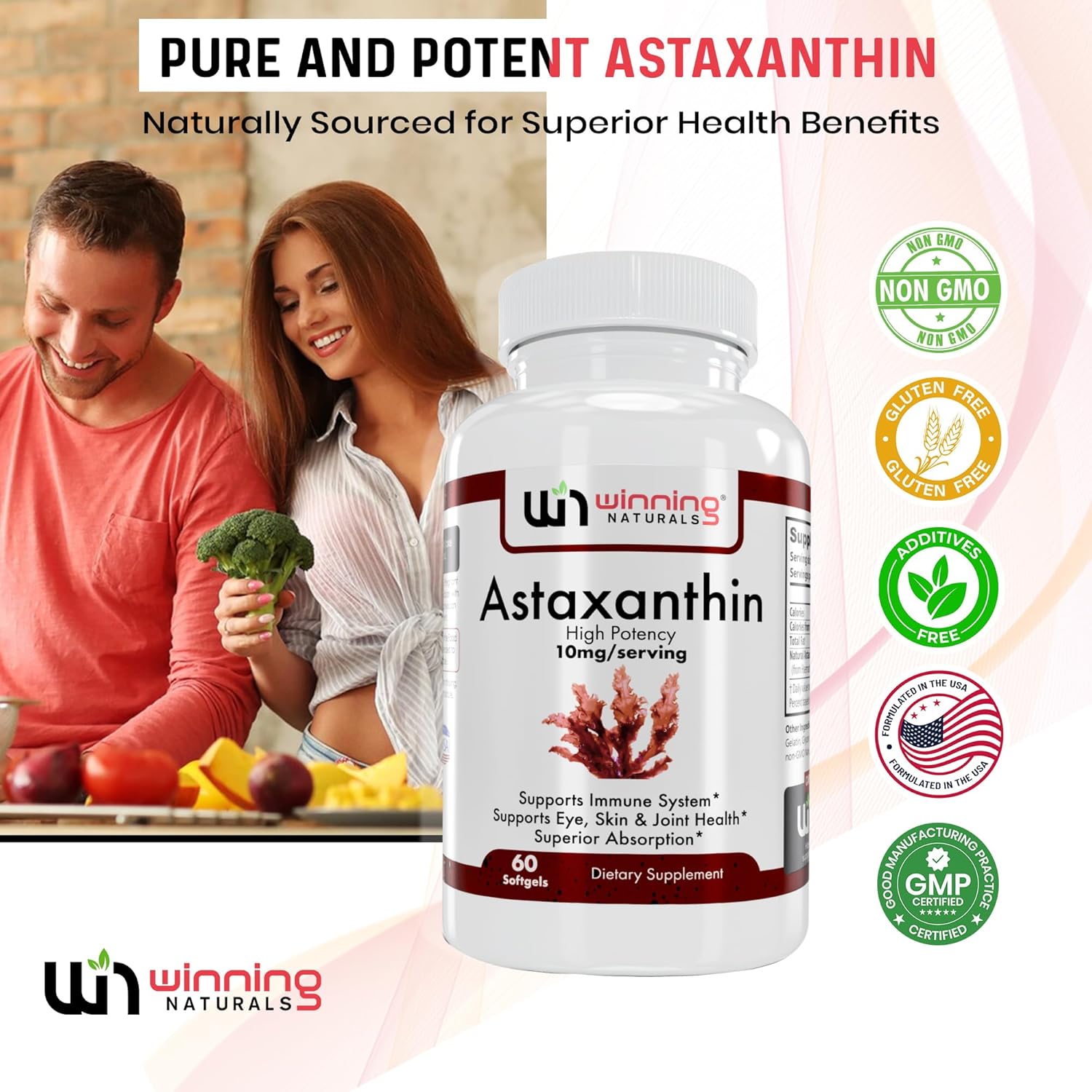 60 Count Winning Naturals Astaxanthin 10 mg Softgels - Powerful Antioxidant Supplement
