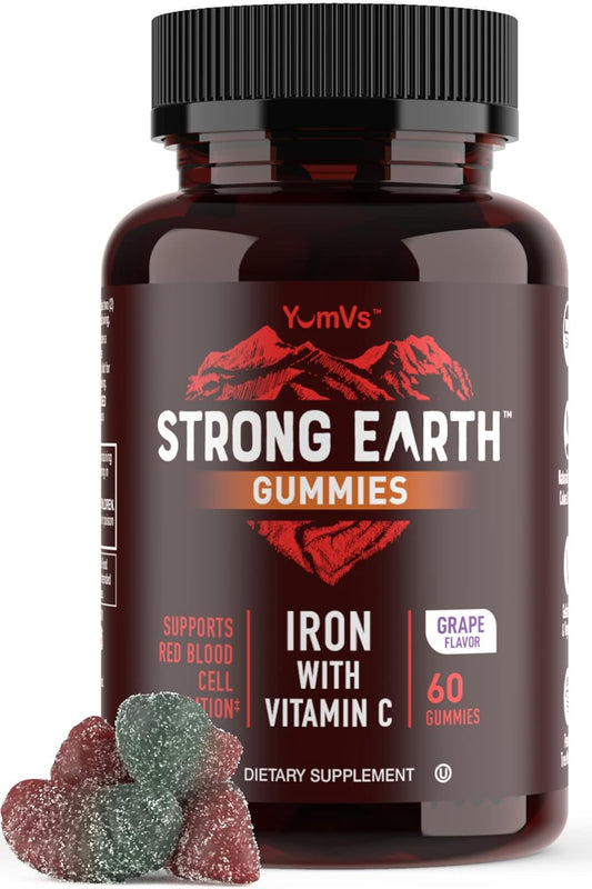 60 Count YUM-V'S Strong Earth Iron Gummies with Vitamin C - Iron Supplement for Anemia - Blood Builder for Women and Men