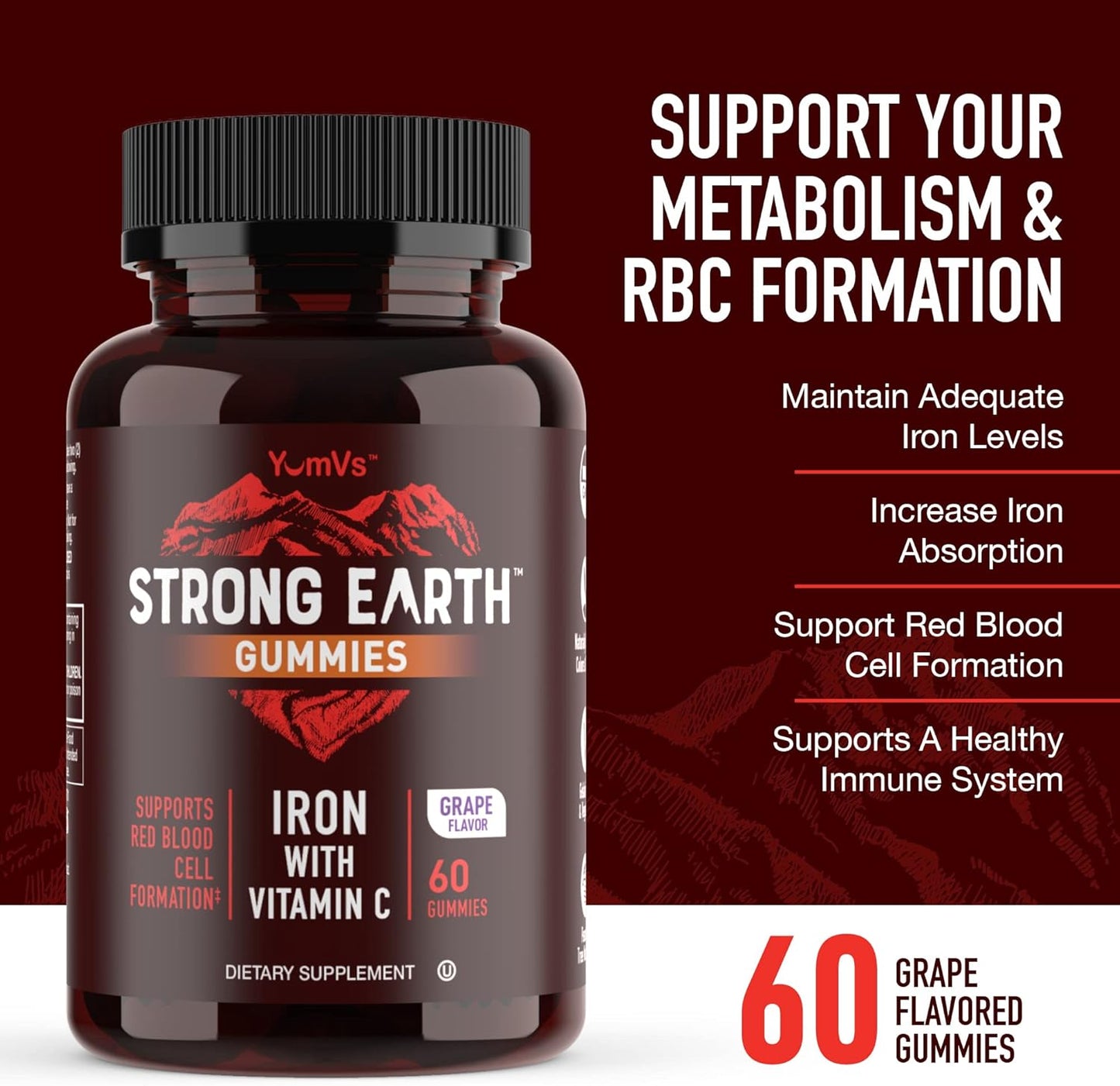 60 Count YUM-V'S Strong Earth Iron Gummies with Vitamin C - Iron Supplement for Anemia - Blood Builder for Women and Men