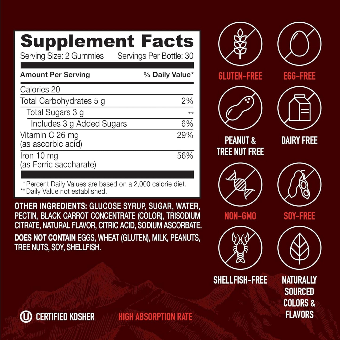 60 Count YUM-V'S Strong Earth Iron Gummies with Vitamin C - Iron Supplement for Anemia - Blood Builder for Women and Men