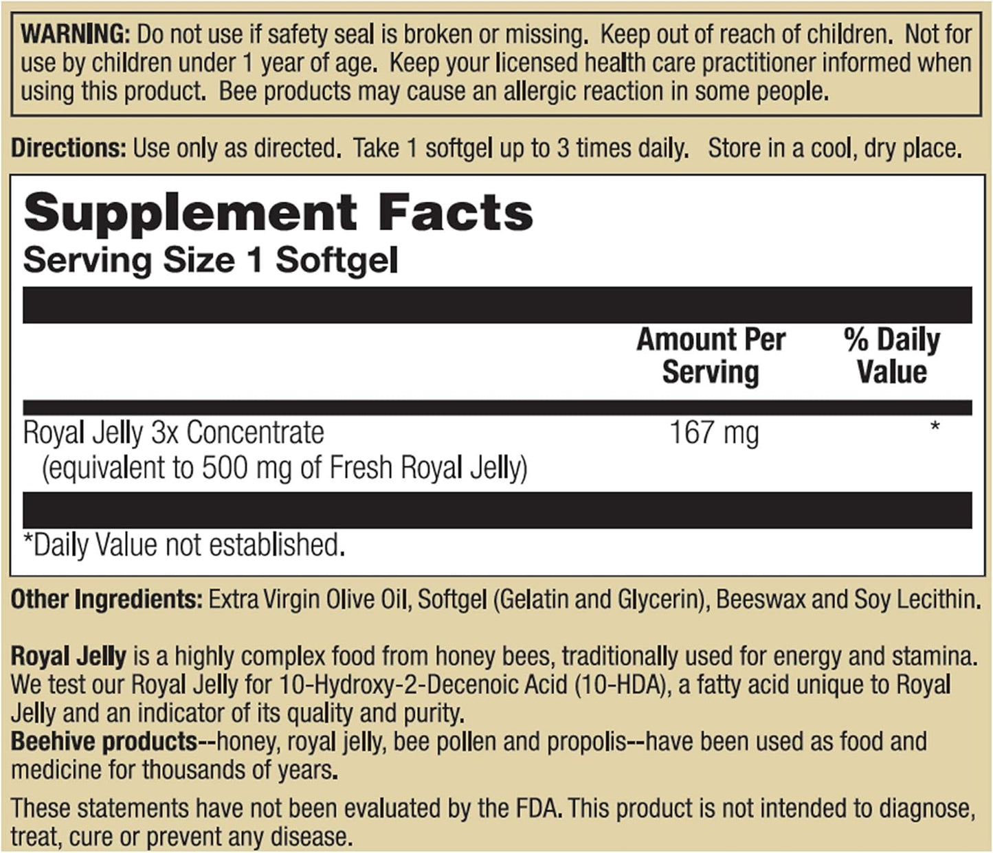 60 CT Honey Gardens Premier One Royal Jelly 500mg Supplement