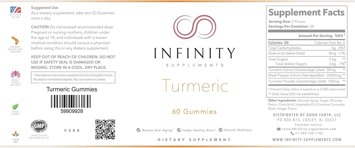 60 Ct Infinity Supplements Turmeric Gummies with Black Pepper Extract - Immune Support Supplement