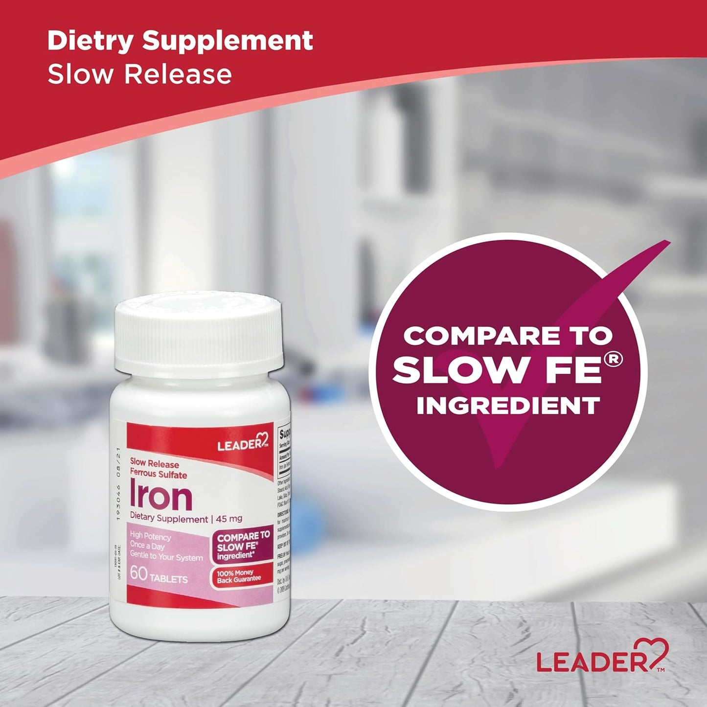 60 Ct LEADER Slow Iron 45mg Tablets, Red Blood Cell Production Support, Gentle on Stomach - 1 Pack