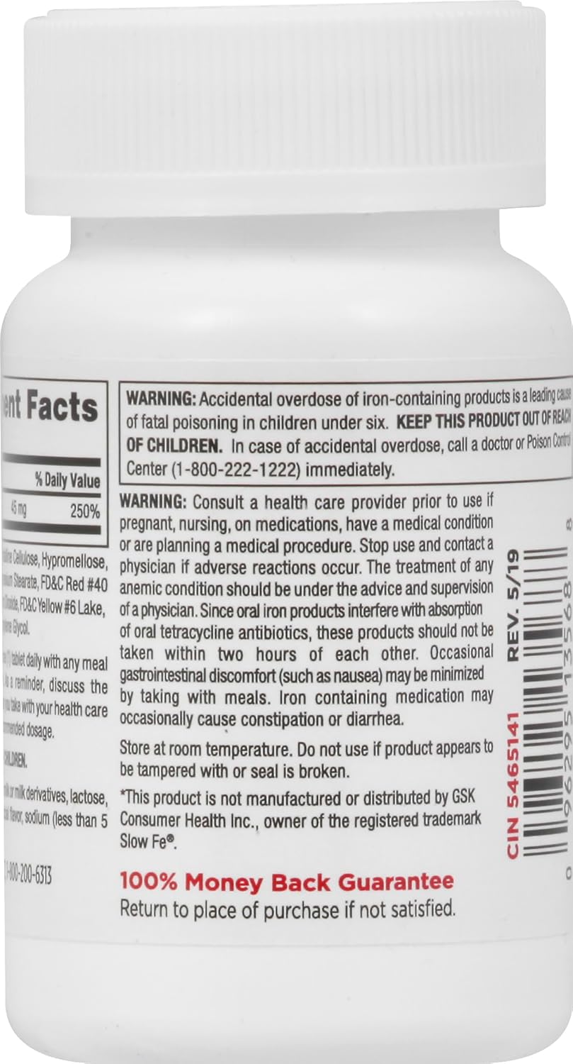 60 Ct LEADER Slow Iron 45mg Tablets, Red Blood Cell Production Support, Gentle on Stomach - 1 Pack