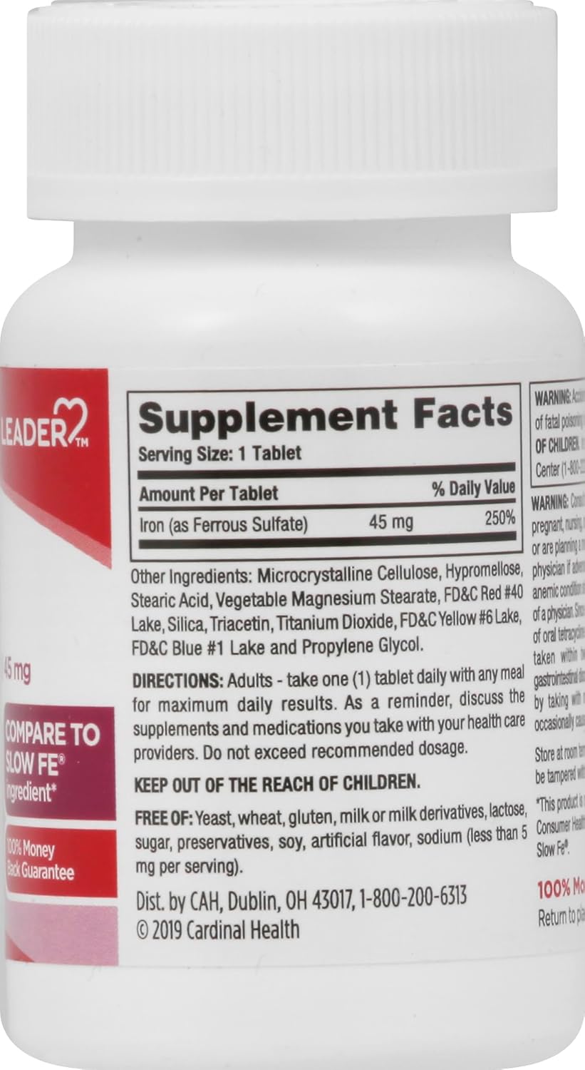 60 Ct LEADER Slow Iron 45mg Tablets, Red Blood Cell Production Support, Gentle on Stomach - 1 Pack