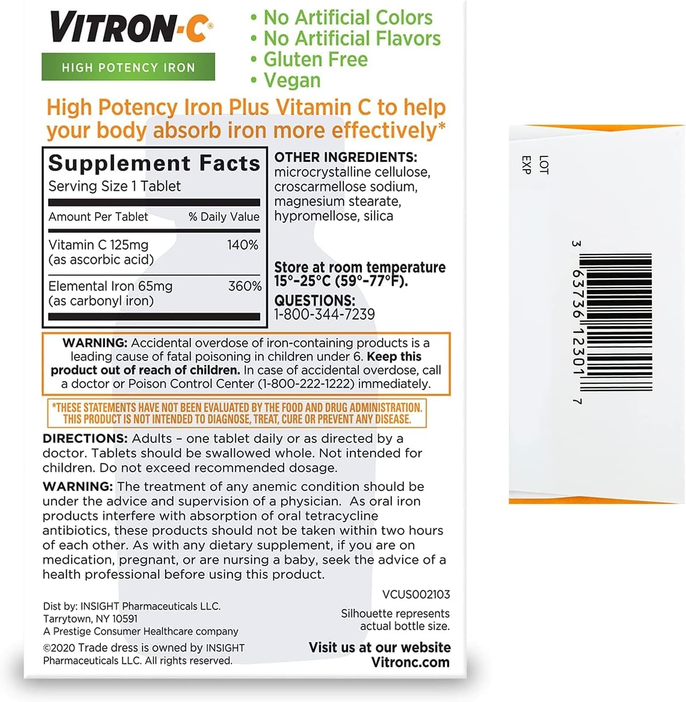 60 ct Vitron-C Iron Supplement Plus Vitamin C Coated Tablets - Pack of 4