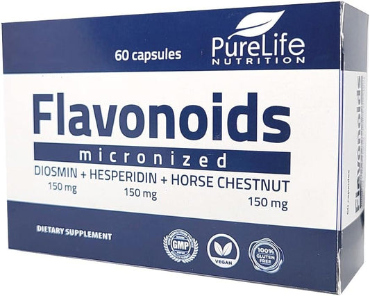 60-Day PureLife Nutrition Flavonoids Support Healthy Circulation, Veins, Capillaries, Lymphatic Drainage - Micronized Diosmin, Hesperidin, Horse Chestnut - Vegan - GMP Certified