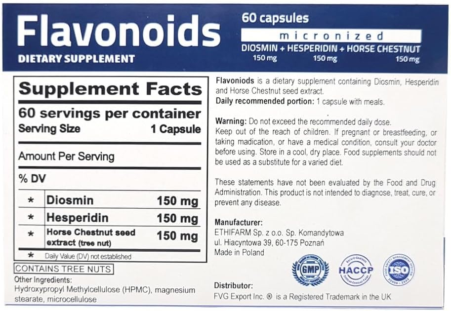 60-Day PureLife Nutrition Flavonoids Support Healthy Circulation, Veins, Capillaries, Lymphatic Drainage - Micronized Diosmin, Hesperidin, Horse Chestnut - Vegan - GMP Certified