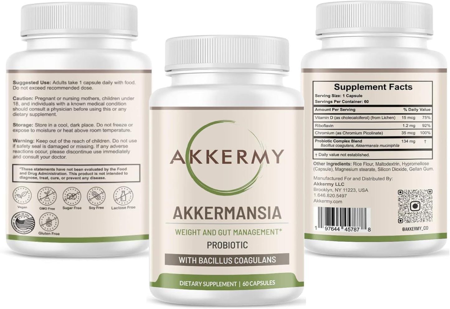 60 Day Supply Akkermy Akkermansia Probiotic with GLP-1 Boosting Bacillus Coagulans, Vitamins B2, D3 & Chromium - Vegan, Gluten Free & SIBO Friendly