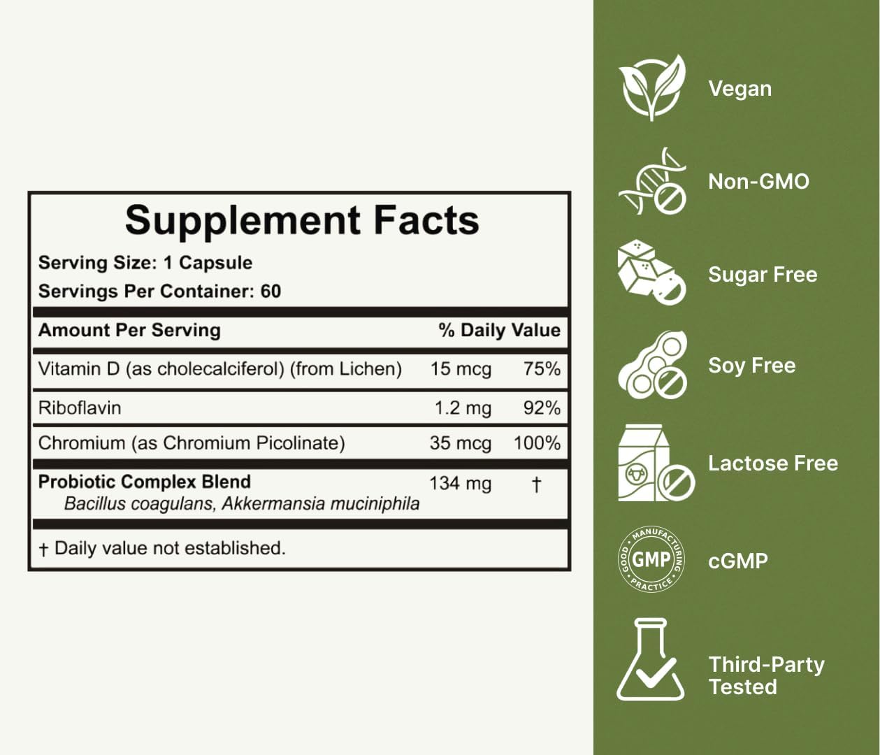 60 Day Supply Akkermy Akkermansia Probiotic with GLP-1 Boosting Bacillus Coagulans, Vitamins B2, D3 & Chromium - Vegan, Gluten Free & SIBO Friendly
