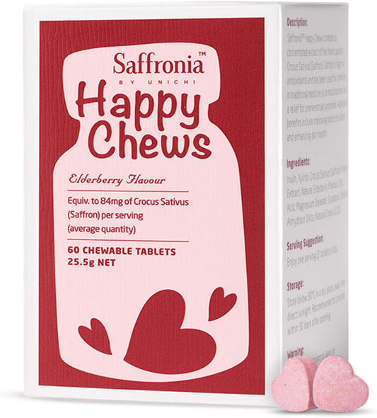 60 Elderberry Flavour Unichi Saffronia Happy Chews for Mood Balance and Stress Reduction