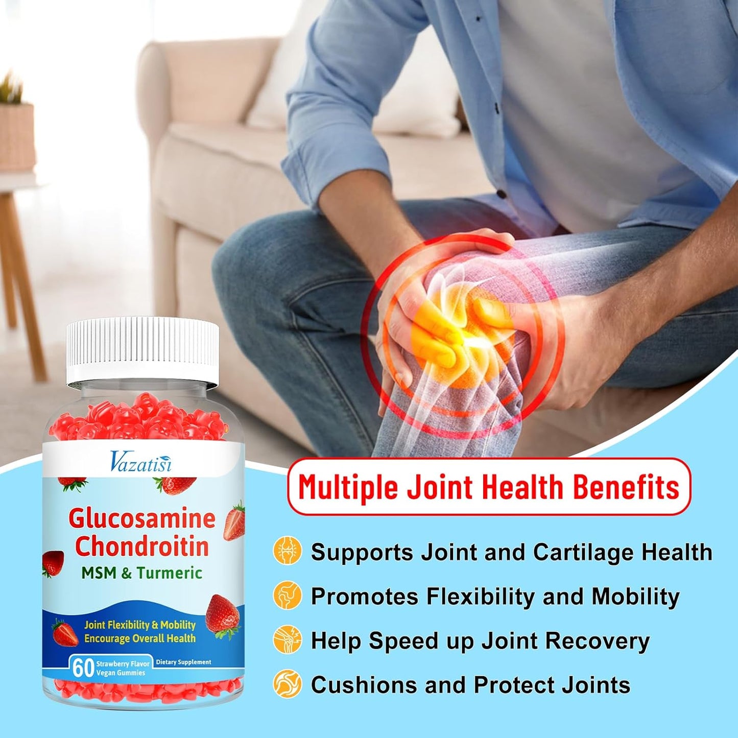 60 Gummies - Vazatisi Joint Support Supplement with Bioavailable Glucosamine, Chondroitin, Turmeric, MSM, and Boswellia - Cartilage and Flexibility Boost