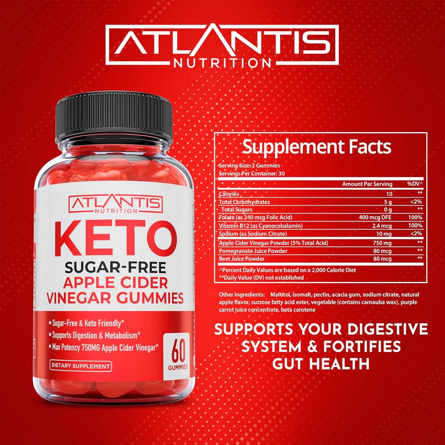 60 Gummies Sugar-Free Keto Apple Cider Vinegar + Atlantis Nutrition Hormonal Balance PMS Relief