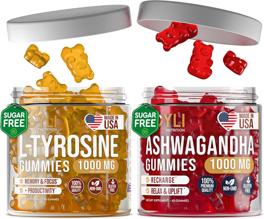 60 L-Tyrosine & Ashwagandha Gummies Bundle for Kids & Adults - Focus Supplements with Ashwagandha & L-Tyrosine - Nutrition Gummies for Mental Clarity