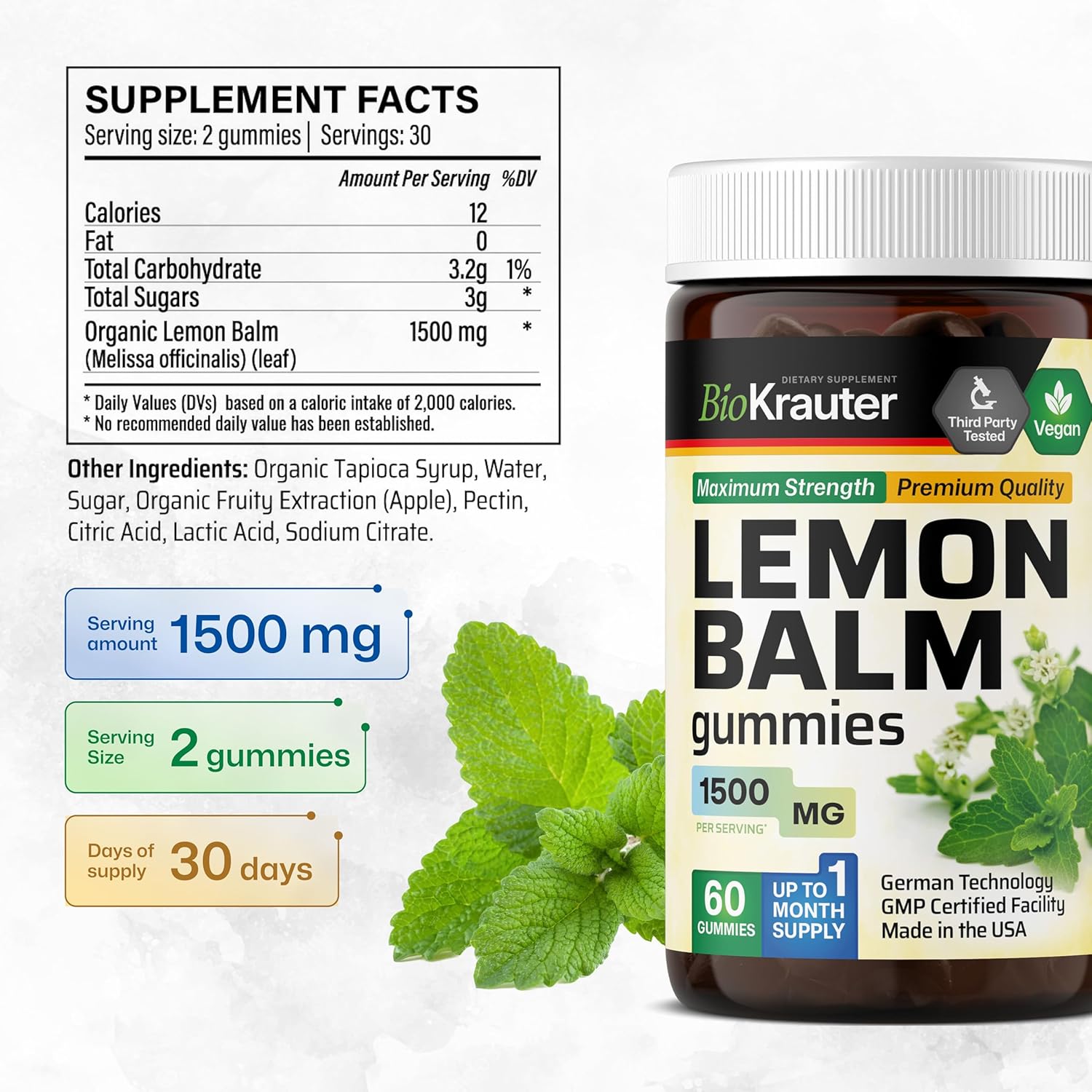 60 Lemon Balm and Adrenal Support Gummies by BIO KRAUTER