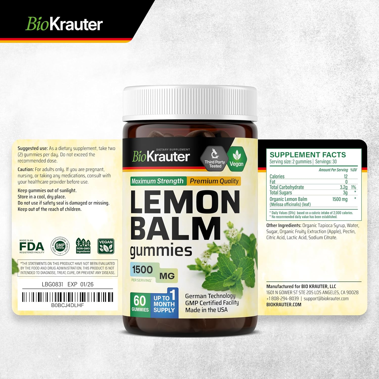 60 Lemon Balm and Adrenal Support Gummies by BIO KRAUTER
