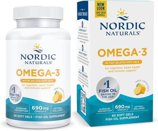 60 Lemon Flavored Fish Gel Caps - 690mg Omega-3 - EPA & DHA for Brain & Heart Health - Immune Support - Non-GMO - 30 Servings