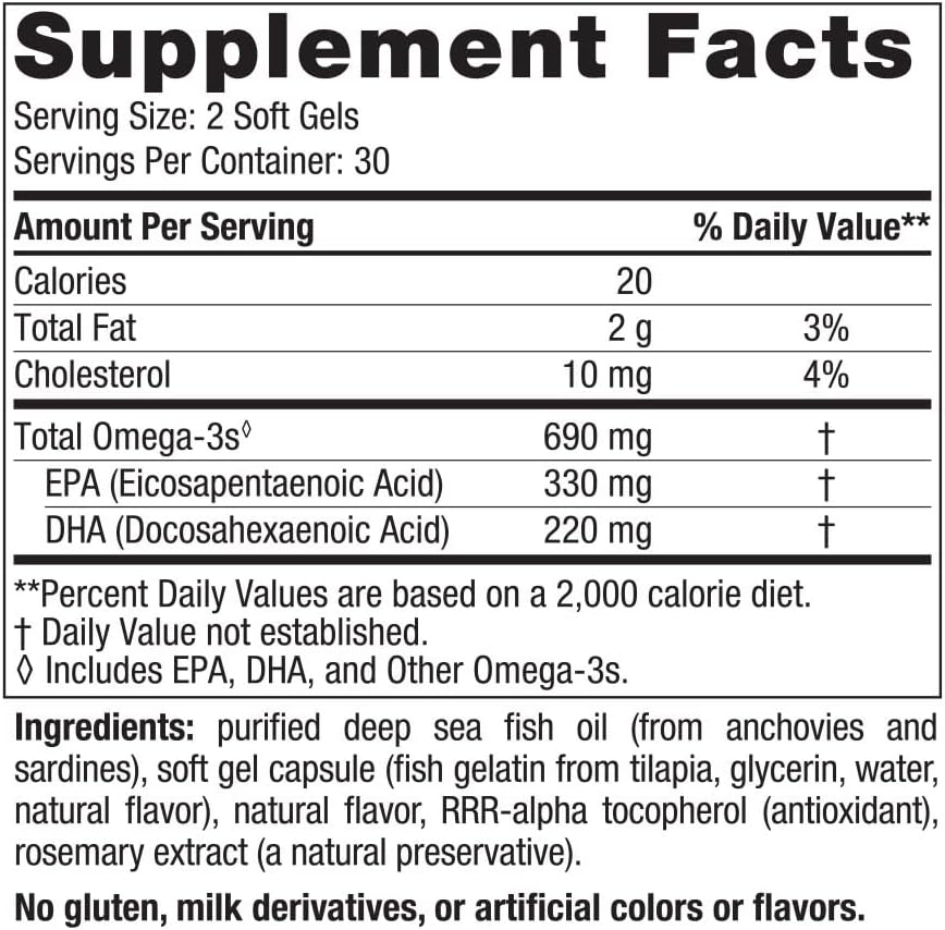 60 Lemon Flavored Fish Gel Caps - 690mg Omega-3 - EPA & DHA for Brain & Heart Health - Immune Support - Non-GMO - 30 Servings