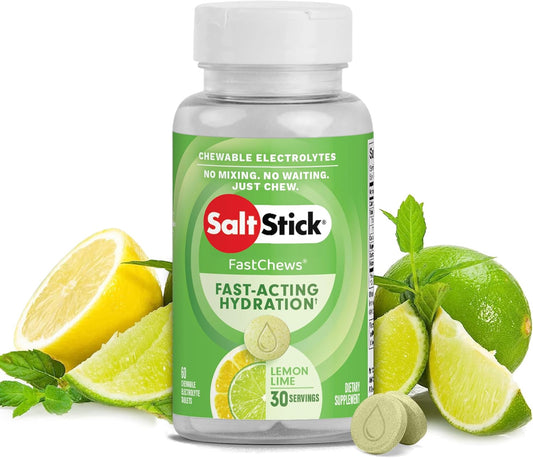 60 Lemon Lime SaltStick FastChews: Chewable Electrolyte Tablets for Running, Hydration, Leg Cramps - Non-GMO, Vegan, Gluten Free