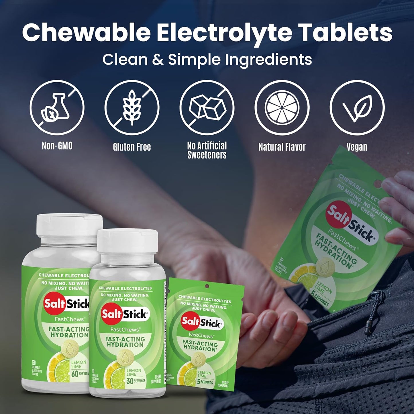 60 Lemon Lime SaltStick FastChews: Chewable Electrolyte Tablets for Running, Hydration, Leg Cramps - Non-GMO, Vegan, Gluten Free