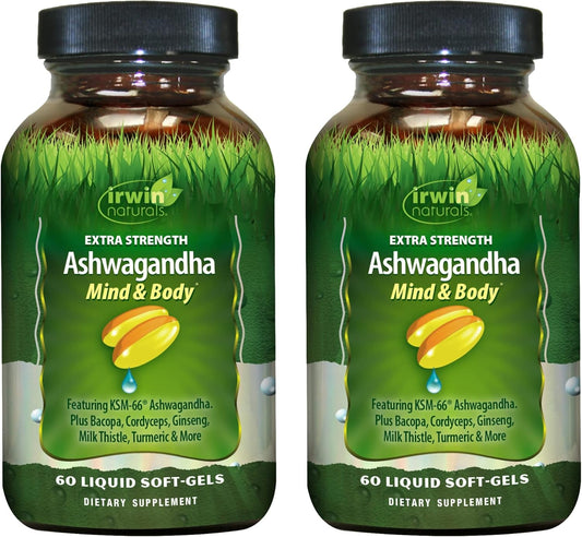 60 Liquid Soft-Gels of Irwin Naturals Extra Strength Ashwagandha with Turmeric & Milk Thistle - Boost Physical & Mental Performance - 60 Servings