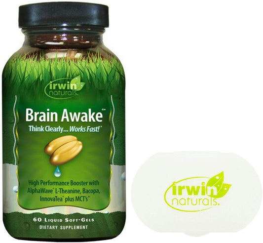 60 Liquid Softgels Bundle with Pill Case - Nootropic Booster for Enhanced Mental Performance, Focus, Clarity, and Concentration - Irwin Naturals Brain Awake with L-Theanine, Bacopa, MCT's