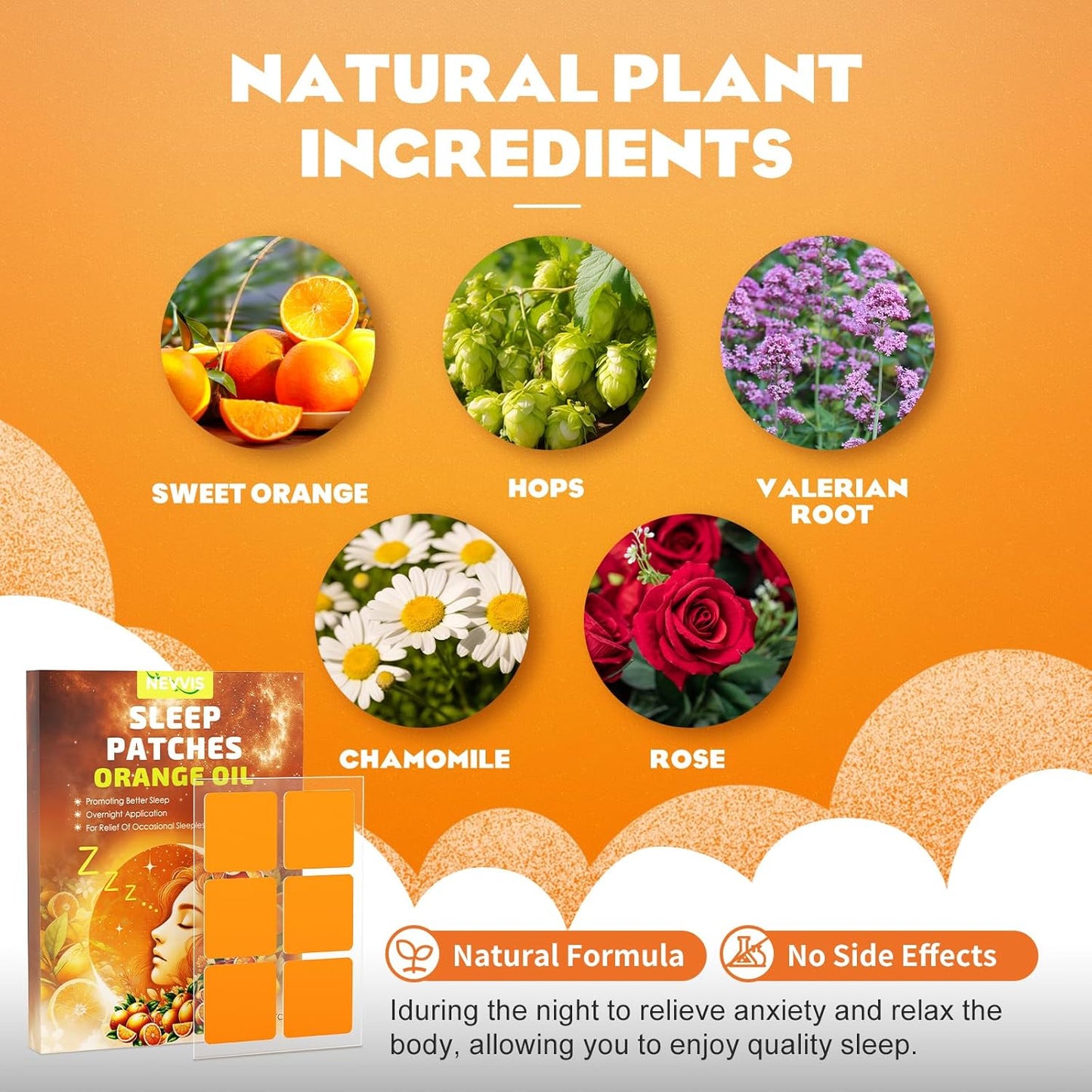 60 NEVVIS Sweet Orange Deep Sleep Patches for Adults - Natural Plant Ingredients, Extra Strength, Men and Women, Skin-Friendly & Easy