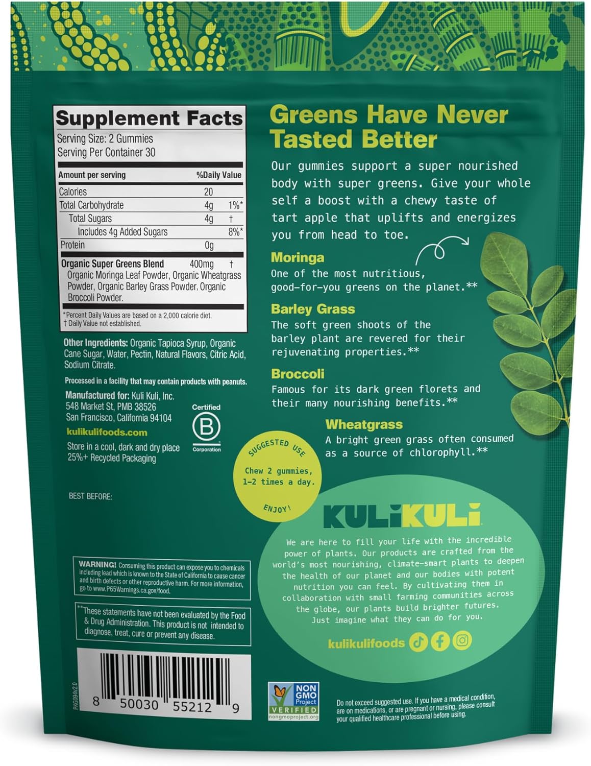 60 Non-GMO Gluten-Free Moringa Gummies - Natural Energy Boost with Caffeine-Free Moringa Supplements by Kuli Kuli