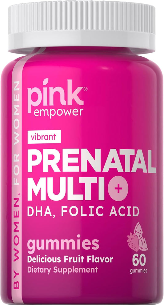 60 Non-GMO Pink Prenatal Gummies with DHA, Folic Acid, and Fruit Flavor | Gluten-Free Multivitamin