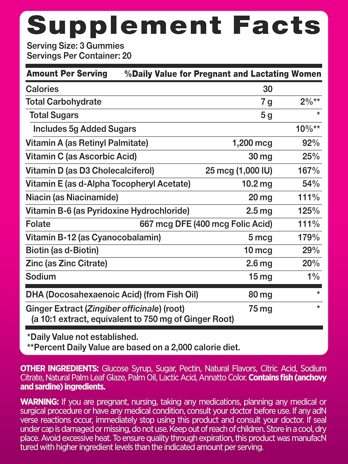 60 Non-GMO Pink Prenatal Gummies with DHA, Folic Acid, and Fruit Flavor | Gluten-Free Multivitamin